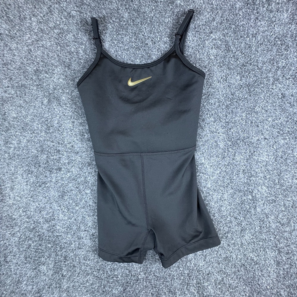 Nike Dri-FIT One Piece Leotard Girls S Black Logo Stretch Sleeveless Gymnastics